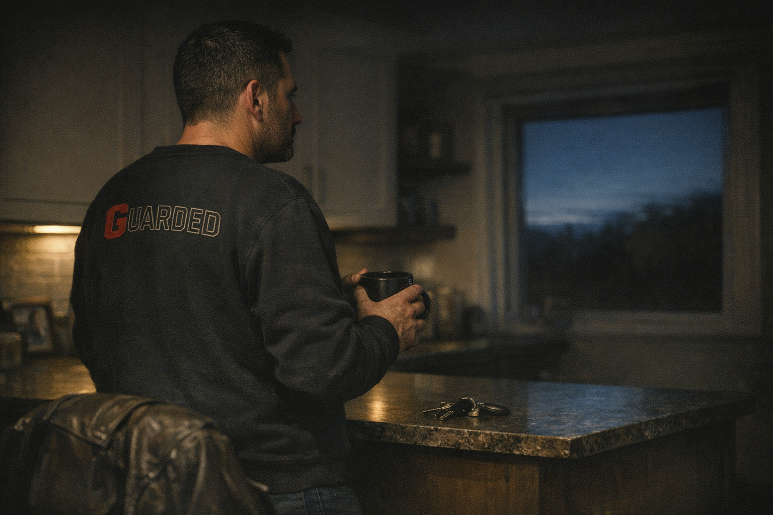 A man at his kitchen counter before dawn, coffee in hand. The hour before the world asks anything of you.